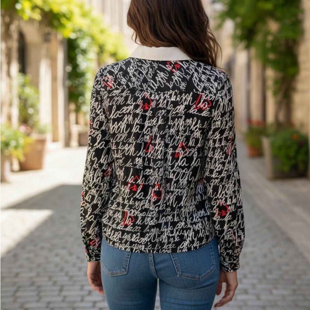 Kate Spade Black and White Script with Red Hearts Blouse - Picture 5 of 9